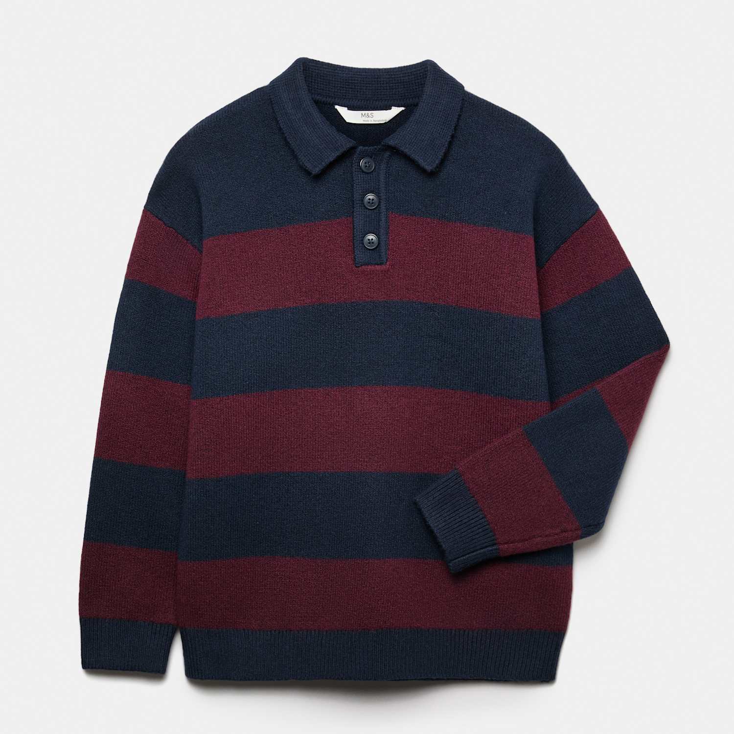 M&S Boys Cotton Rich Striped Knitted Rugby Jumper (6-16 Yrs) - 7-8 Years - Red Mix