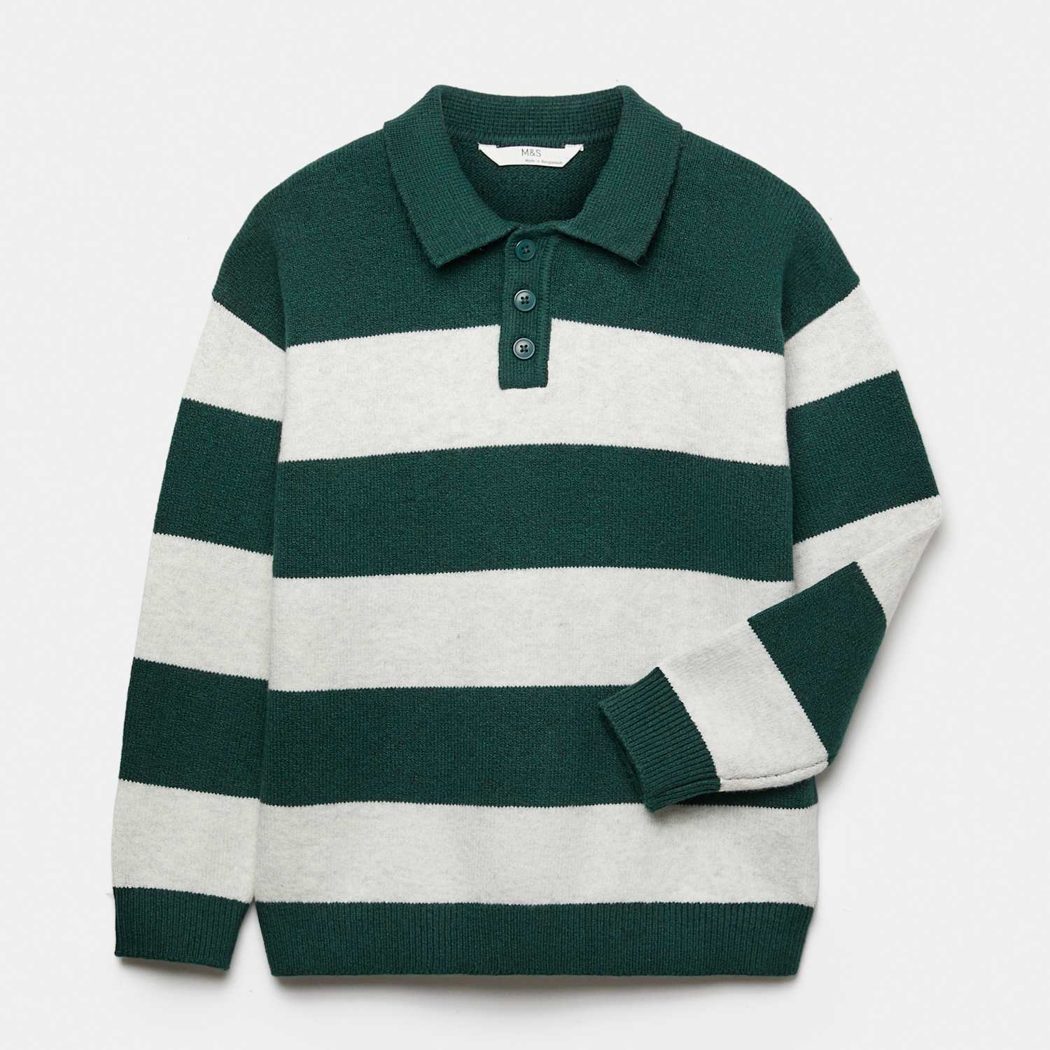 M&S Boys Cotton Rich Striped Knitted Rugby Jumper (6-16 Yrs) - 8-9 Years - Green Mix