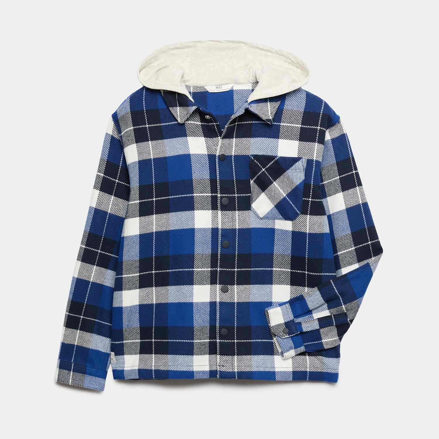 M&S Boys Pure Cotton Hooded Checked Shirt (6-16 Yrs) - 14-15 Years - Blue Mix