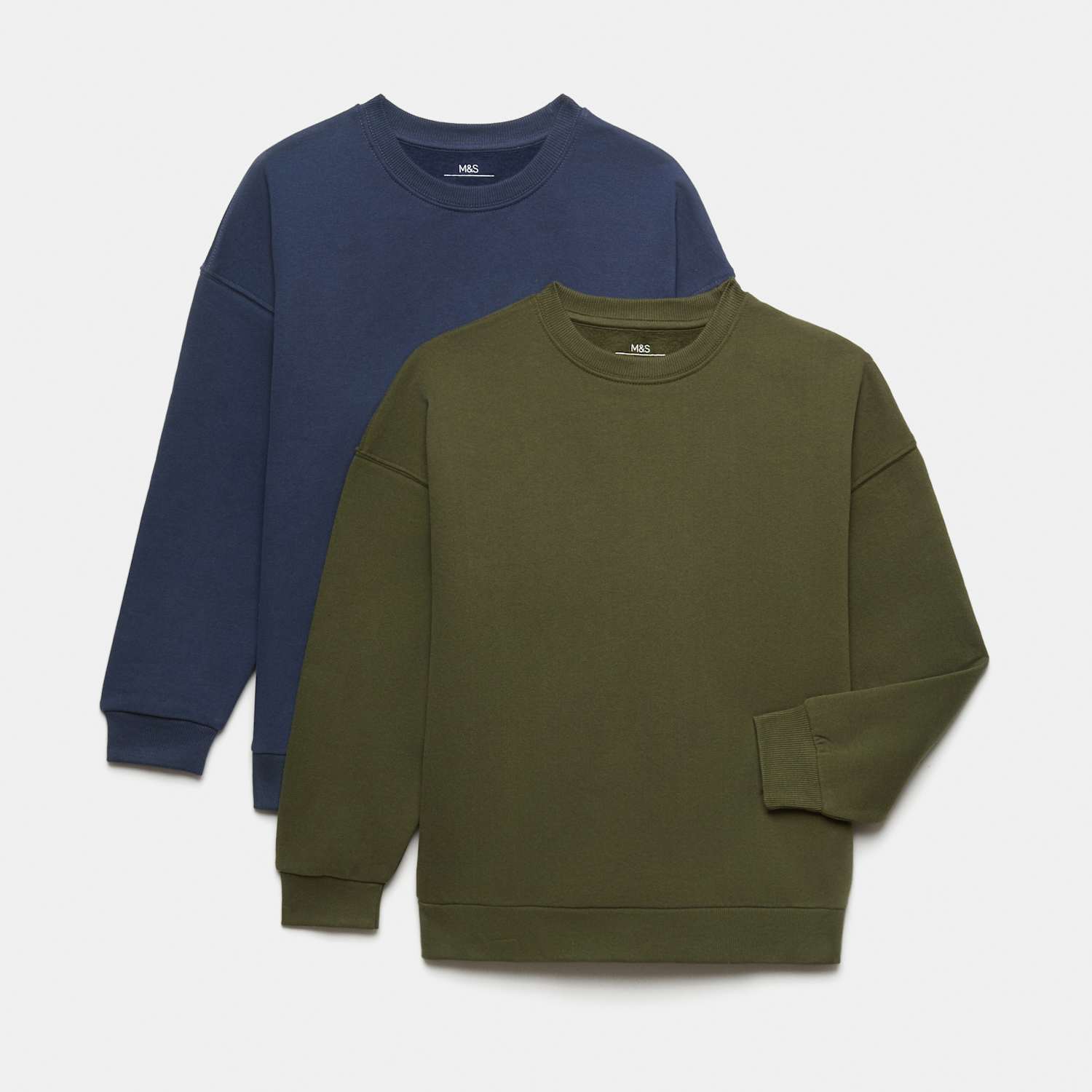 M&S Boys 2 Pack Cotton Rich Plain Sweatshirts (6-16 Yrs) - 6-7 Years - Khaki Mix