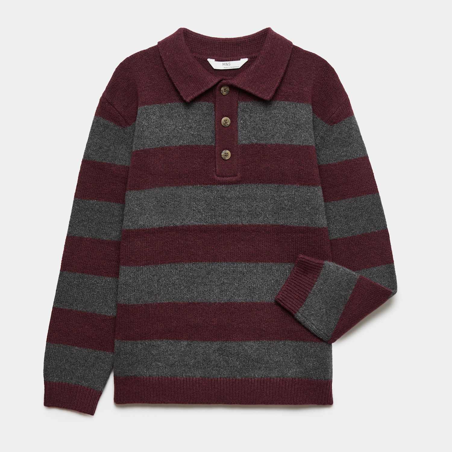 M&S Boys Cotton Blend Striped Knitted Rugby Shirt (6-16 Yrs) - 14-15 Years - Red Mix