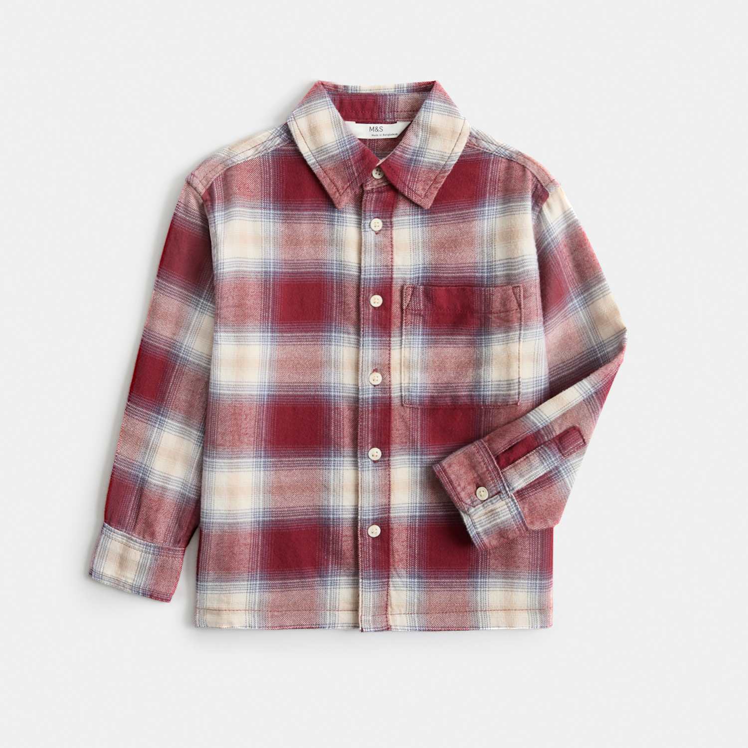 M&S Boys Pure Cotton Checked Shirt (2-8 Yrs) - 2-3 Years - Red Mix