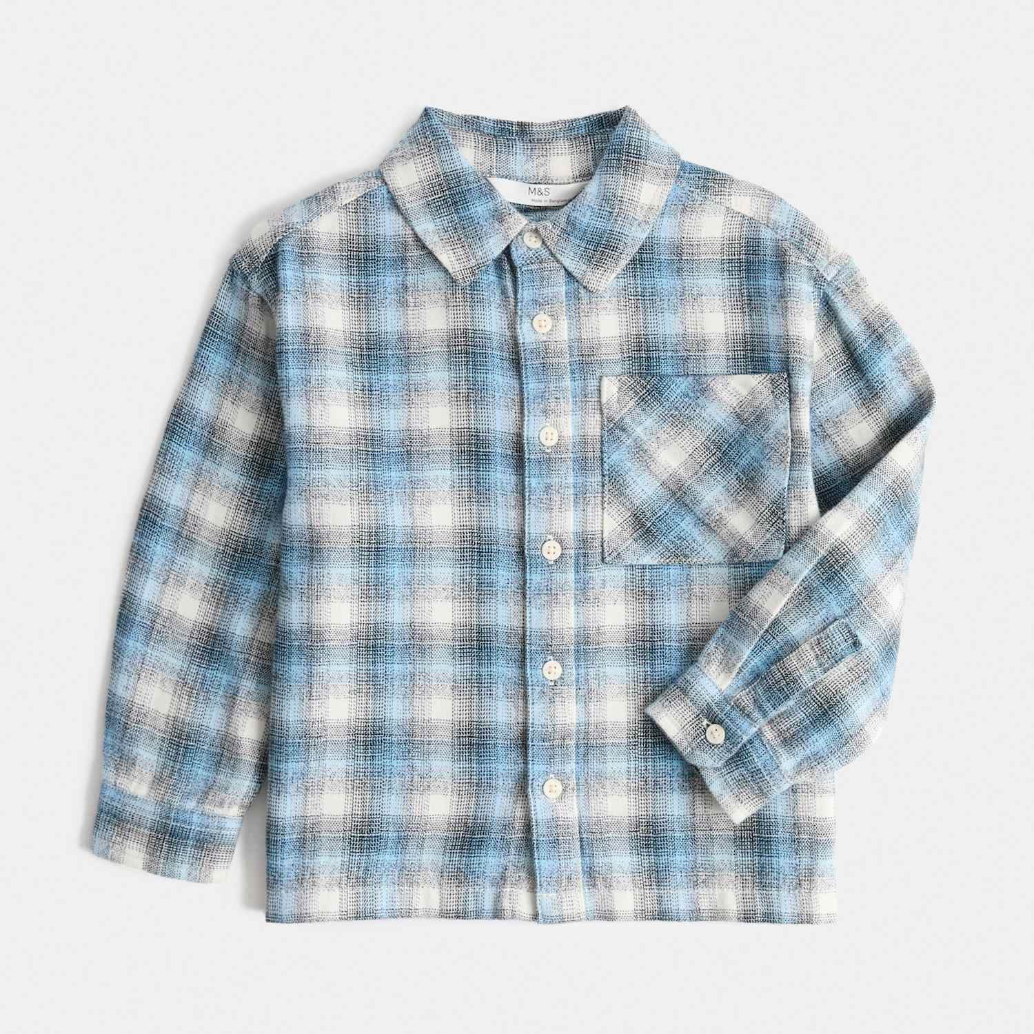 M&S Boys Pure Cotton Checked Shirt (2-8 Yrs) - 6-7 Years - Blue Mix
