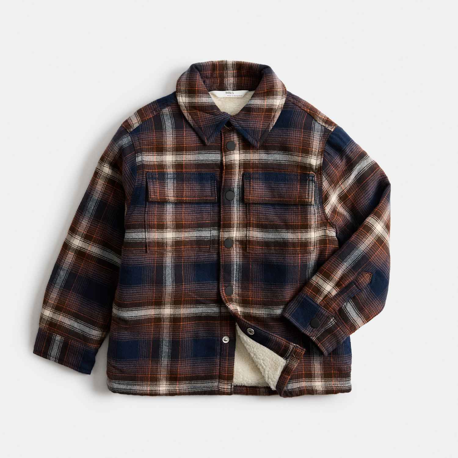 M&S Boys Pure Cotton Borg Lined Checked Jacket (2-8 Yrs) - 2-3 Years - Navy Mix