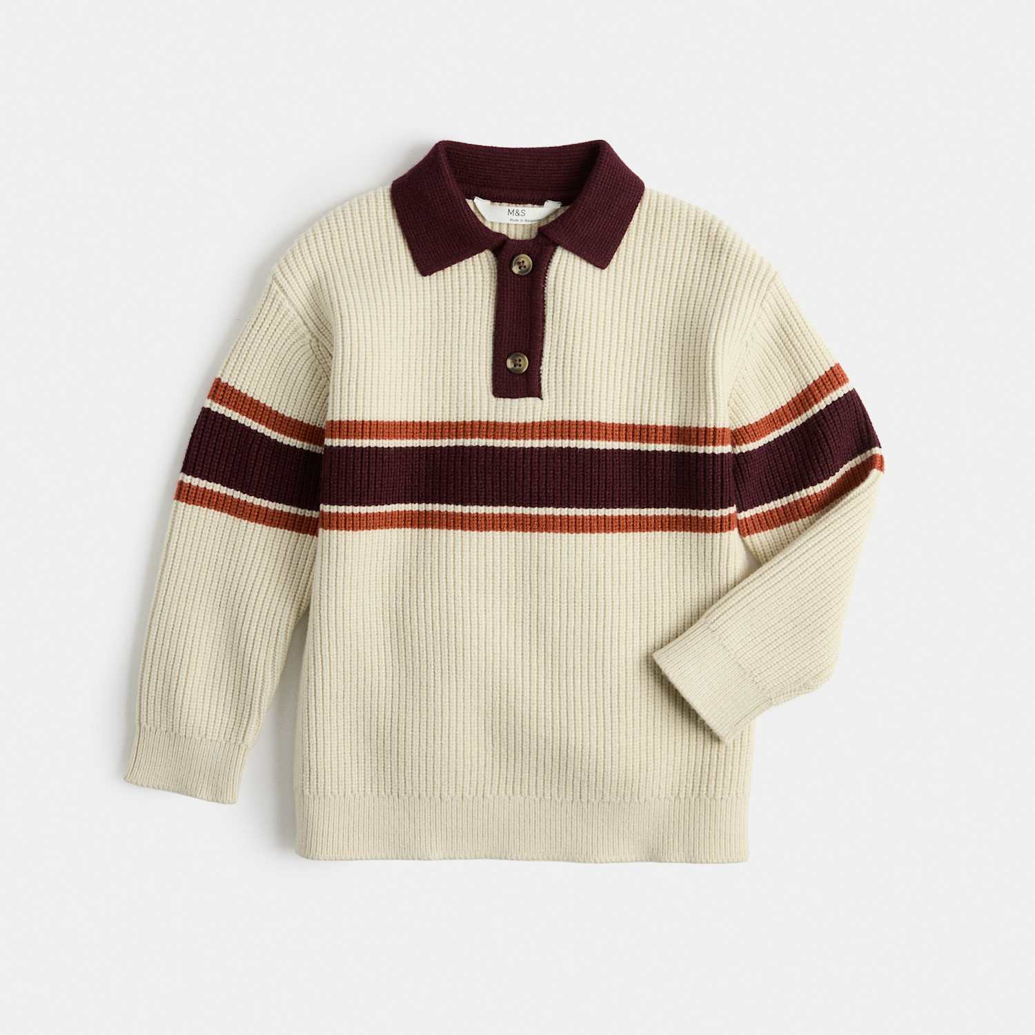 M&S Boys Knitted Stripe Collared Jumper (2-8 Yrs) - 2-3 Years - Cream Mix