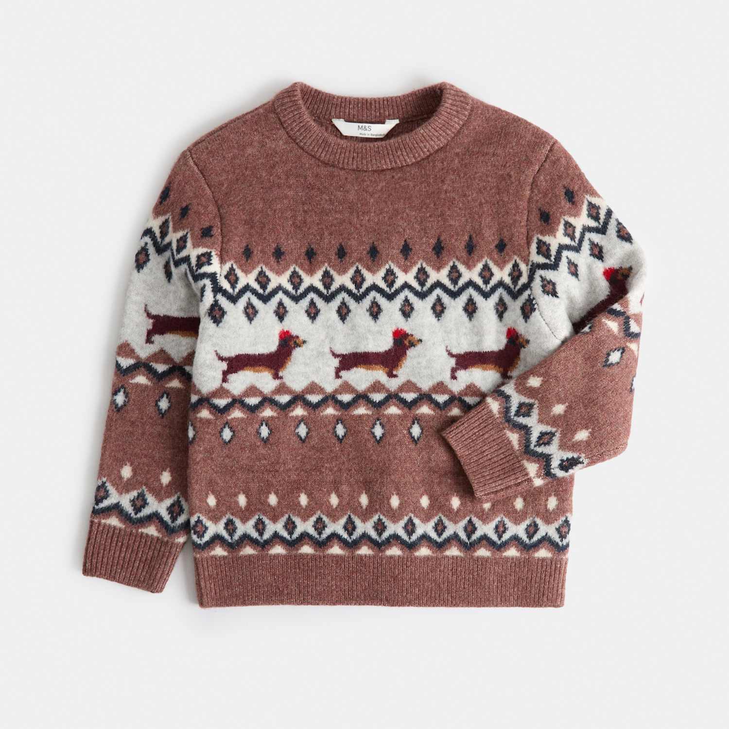 M&S Boys Christmas Fair Isle Dog Knitted Jumper (2-8 Yrs) - 2-3 Years - Brown Mix