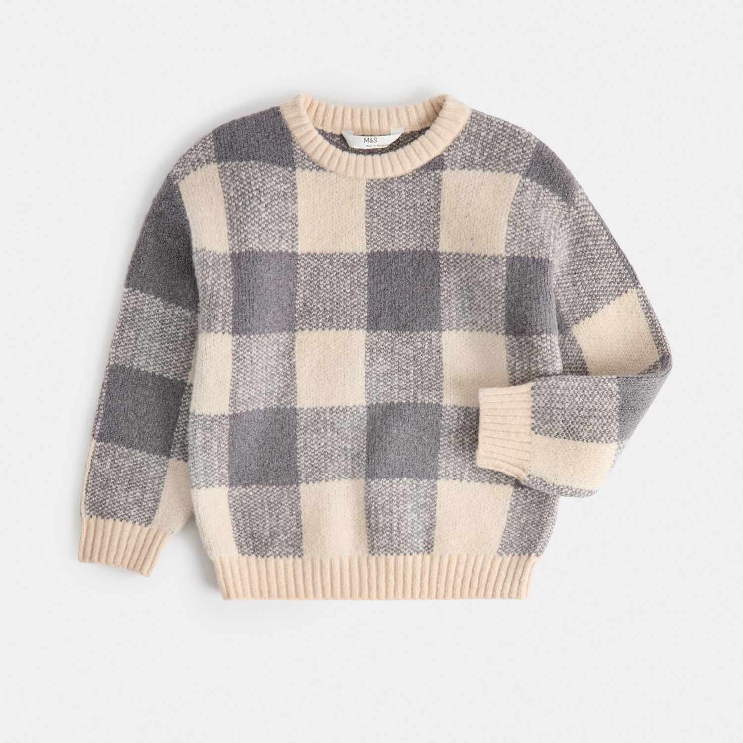 M&S Boys Checked Knitted Jumper - 4-5 Years - Grey Mix
