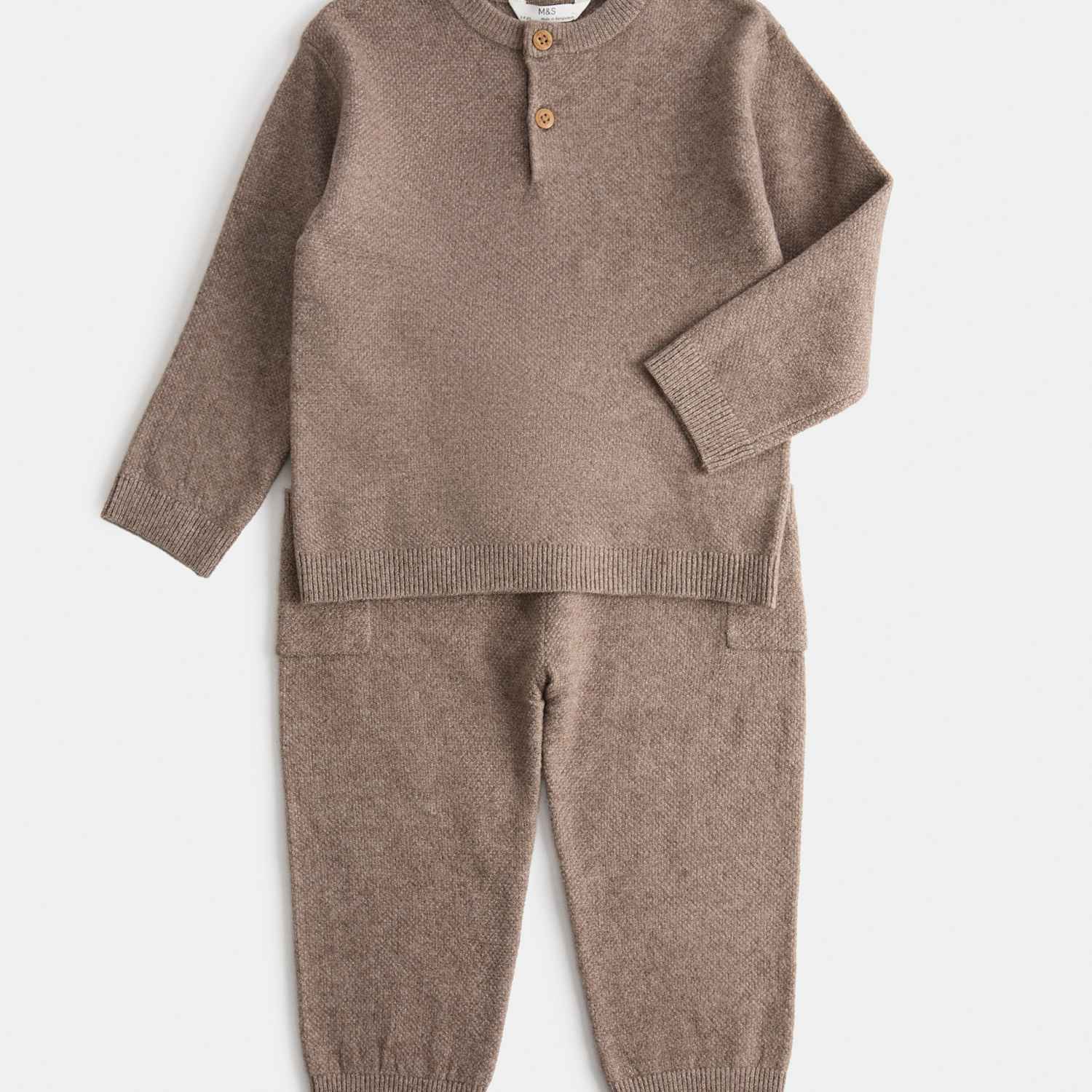 M&S Boys 2 Piece Cotton Rich Waffle Knitted Outfit (2-8 Yrs) - 2-3 Years - Brown Mix