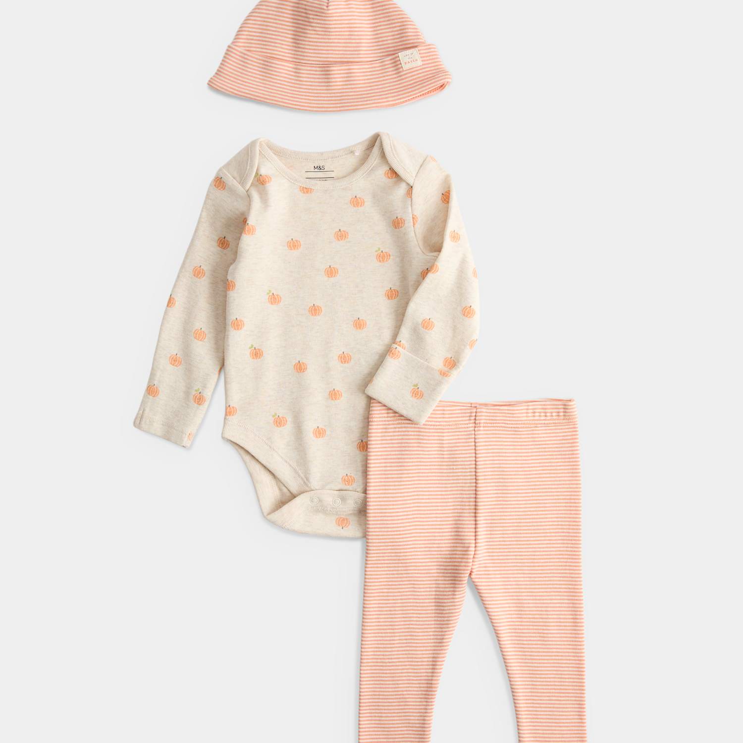M&S Kids 3pc Pure Cotton Halloween Pumpkin Outfit (0-2 Yrs) - 3-6 Months - Orange Mix