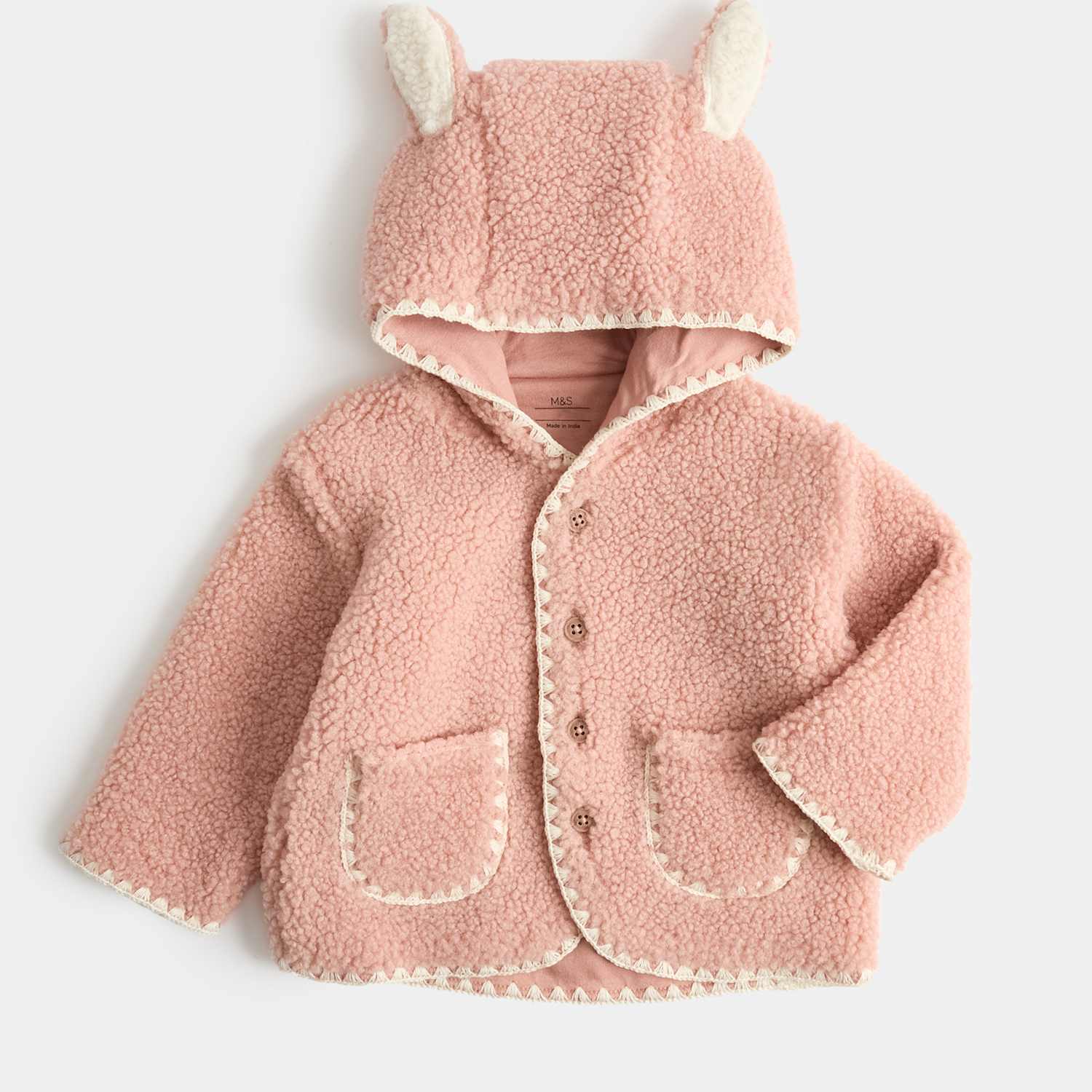 M&S Kids Borg Jacket with Ears (0-12 Mths) - Newborn - Rose Pink