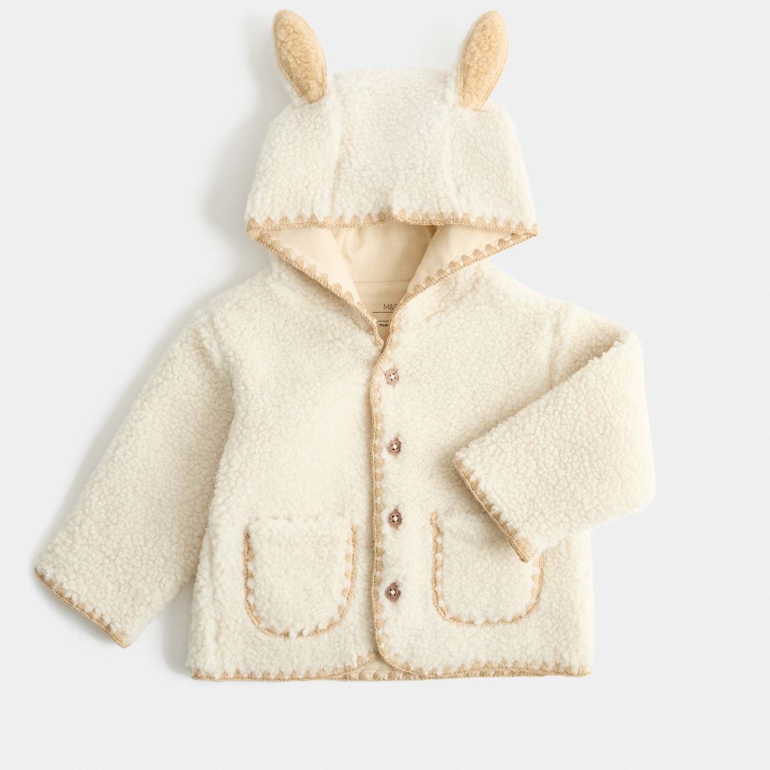 M&S Kids Borg Jacket with Ears (0-12 Mths) - Newborn - Cream