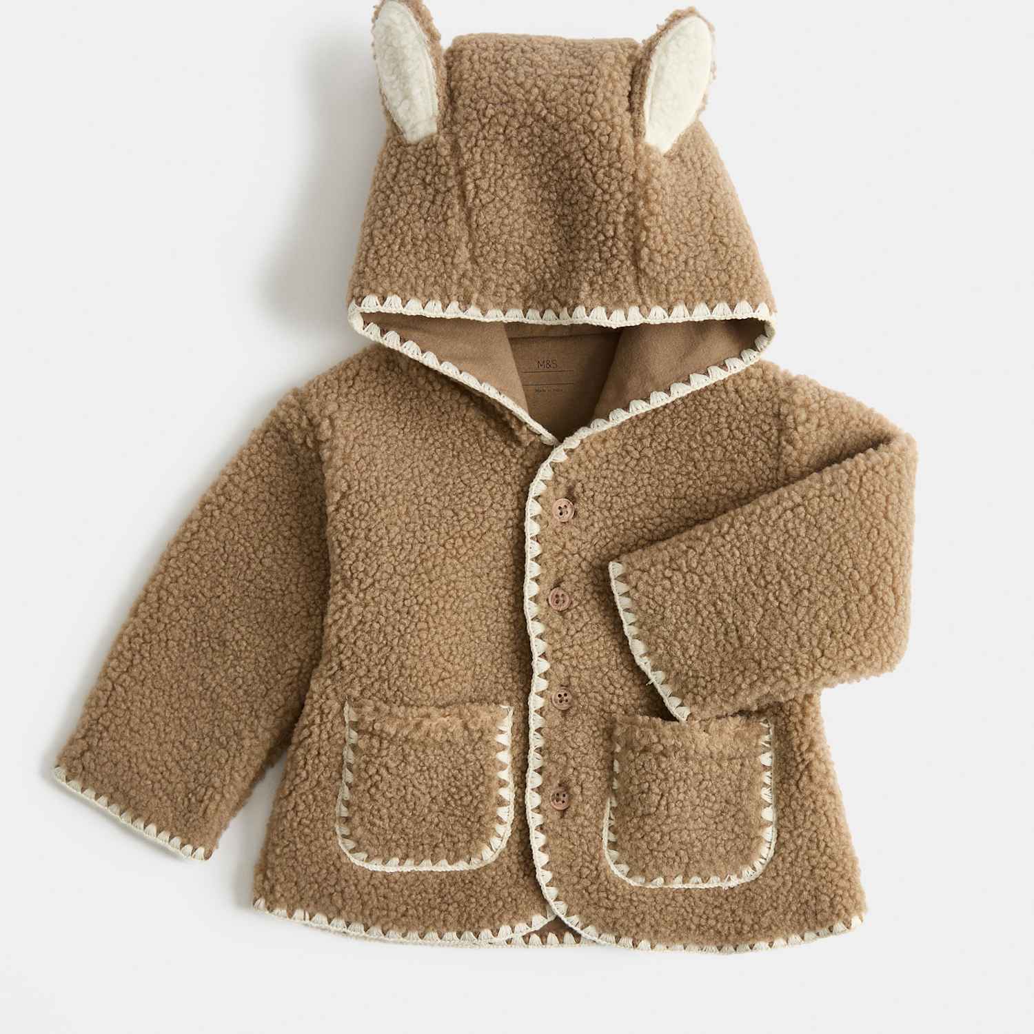 M&S Kids Borg Jacket with Ears (0-12 Mths) - Newborn - Mushroom