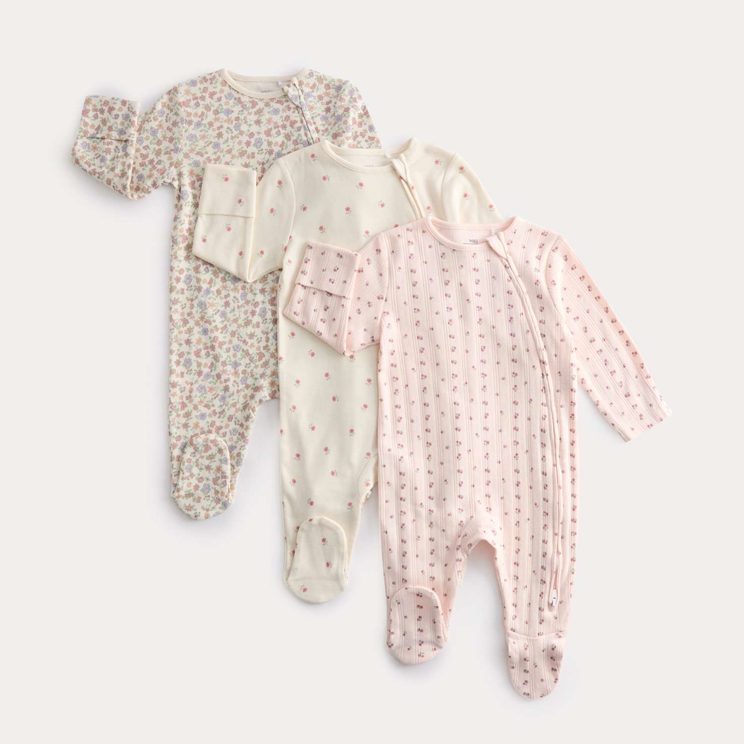 M&S Girls 3 Pack Pure Cotton Floral Sleepsuits (6 ½lbs-3 Yrs) - 2-3 Years - Pale Blush