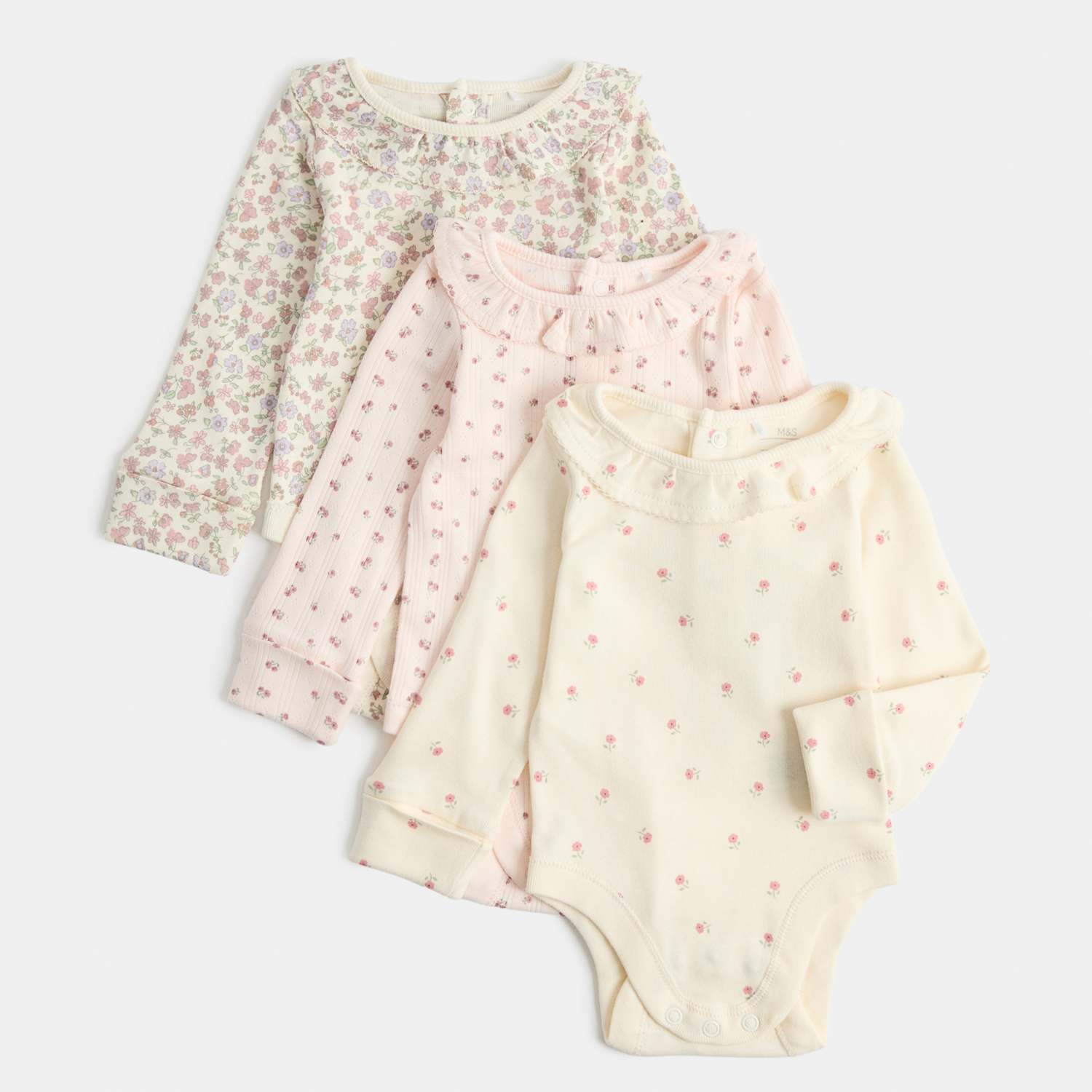 M&S Girls 3 Pack Floral Long Sleeve Bodysuits (7lbs-3 Yrs) - 2-3 Years - Pink Mix