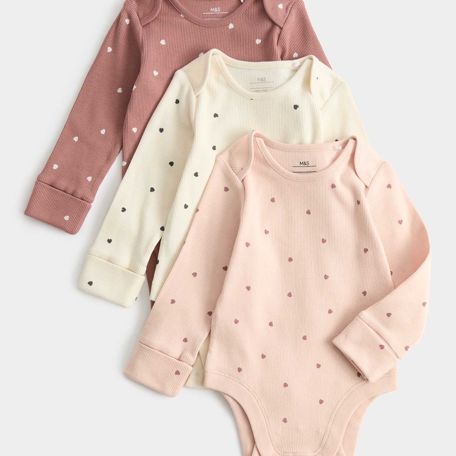 M&S Girls 3 Pack Cotton Rich Heart Long Sleeve Bodysuits (0-3 Yrs) - 2-3 Years - Pink Mix