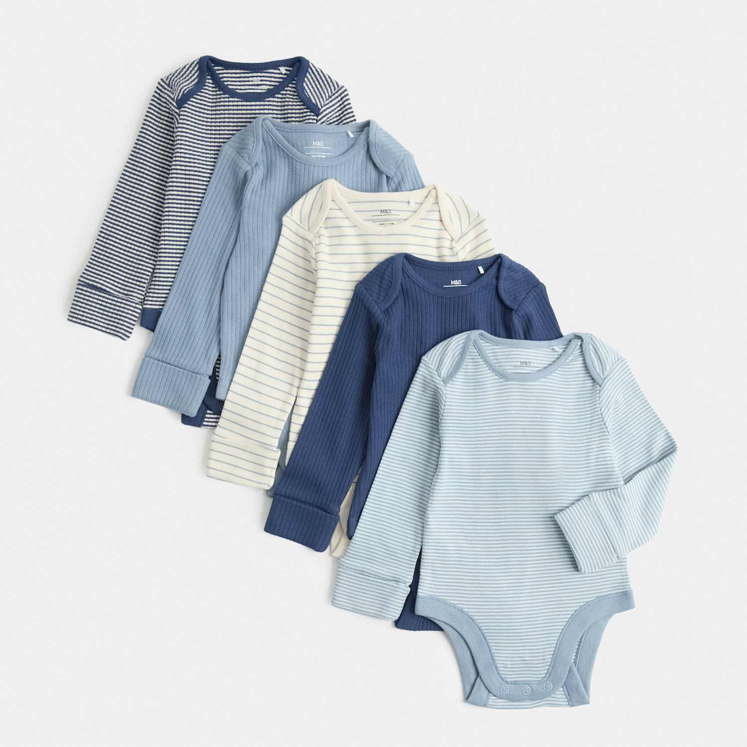 M&S Boys 5 Pack Striped Long Sleeve Bodysuits (7lbs-3 Yrs) - 6-9 Months - Blue Mix