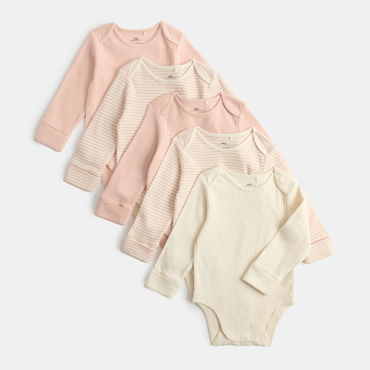 M&S Girls 5 Pack Long Sleeve Bodysuits (Newborn-3 Yrs) - 3-6 Months - Pink Mix
