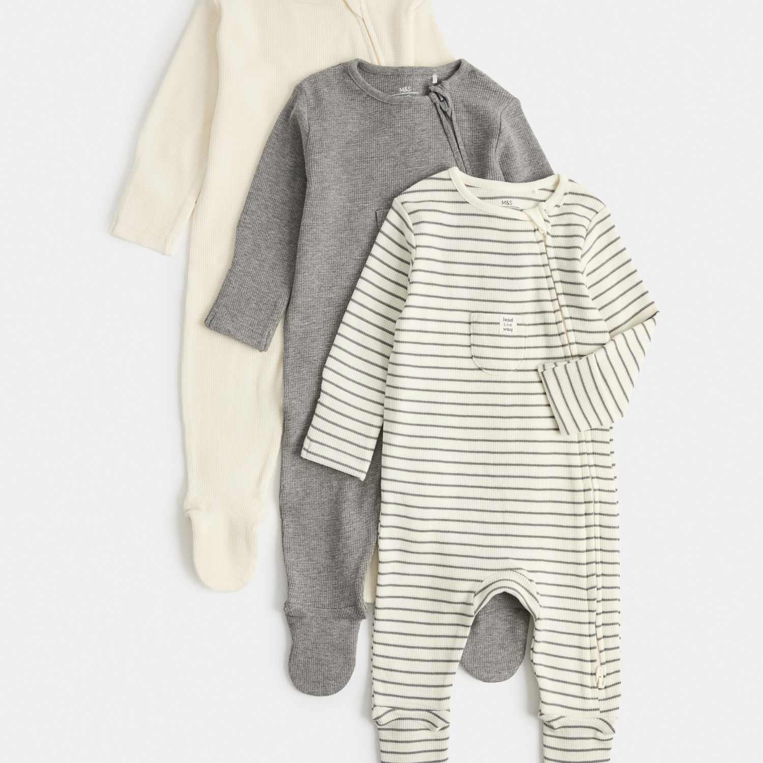 M&S Kids 3 Pack Pure Cotton Waffle Sleepsuits (7lbs-3 Yrs) - 0-3 Months - Grey Mix