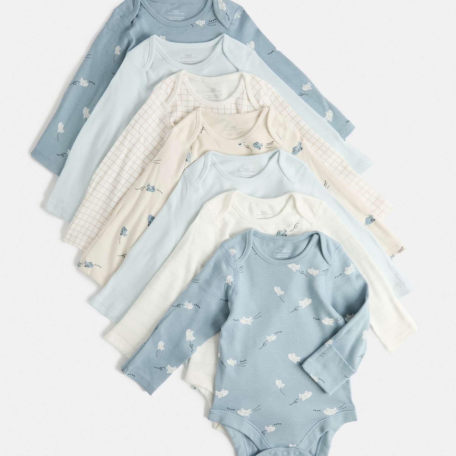 M&S Kids 7 Pack Pure Cotton Bodysuits (0-3 Yrs) - 9-12 Months - Blue Mix