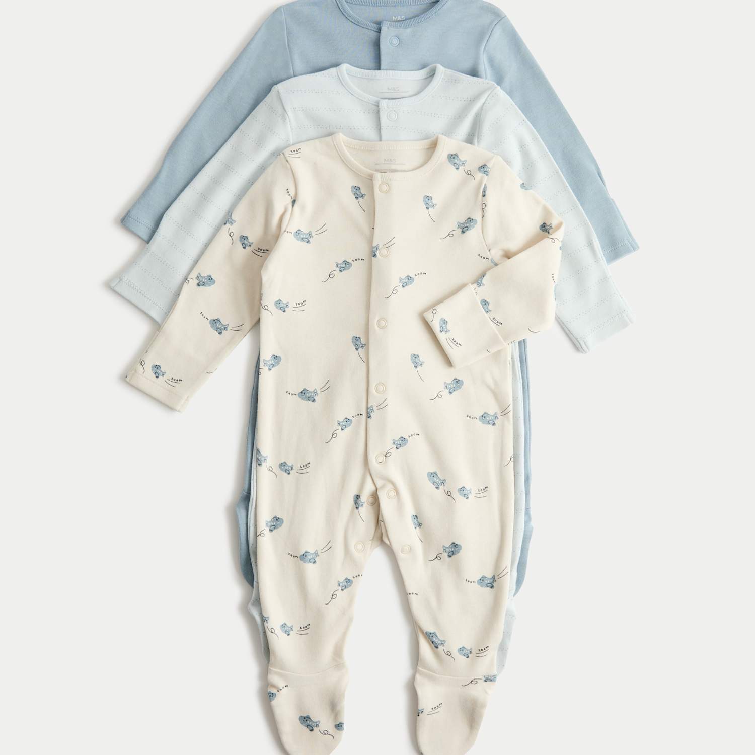 M&S Boys 3 Pack Pure Cotton Plane Sleepsuits (5lbs-3 Yrs) - 1 Months - Blue Mix