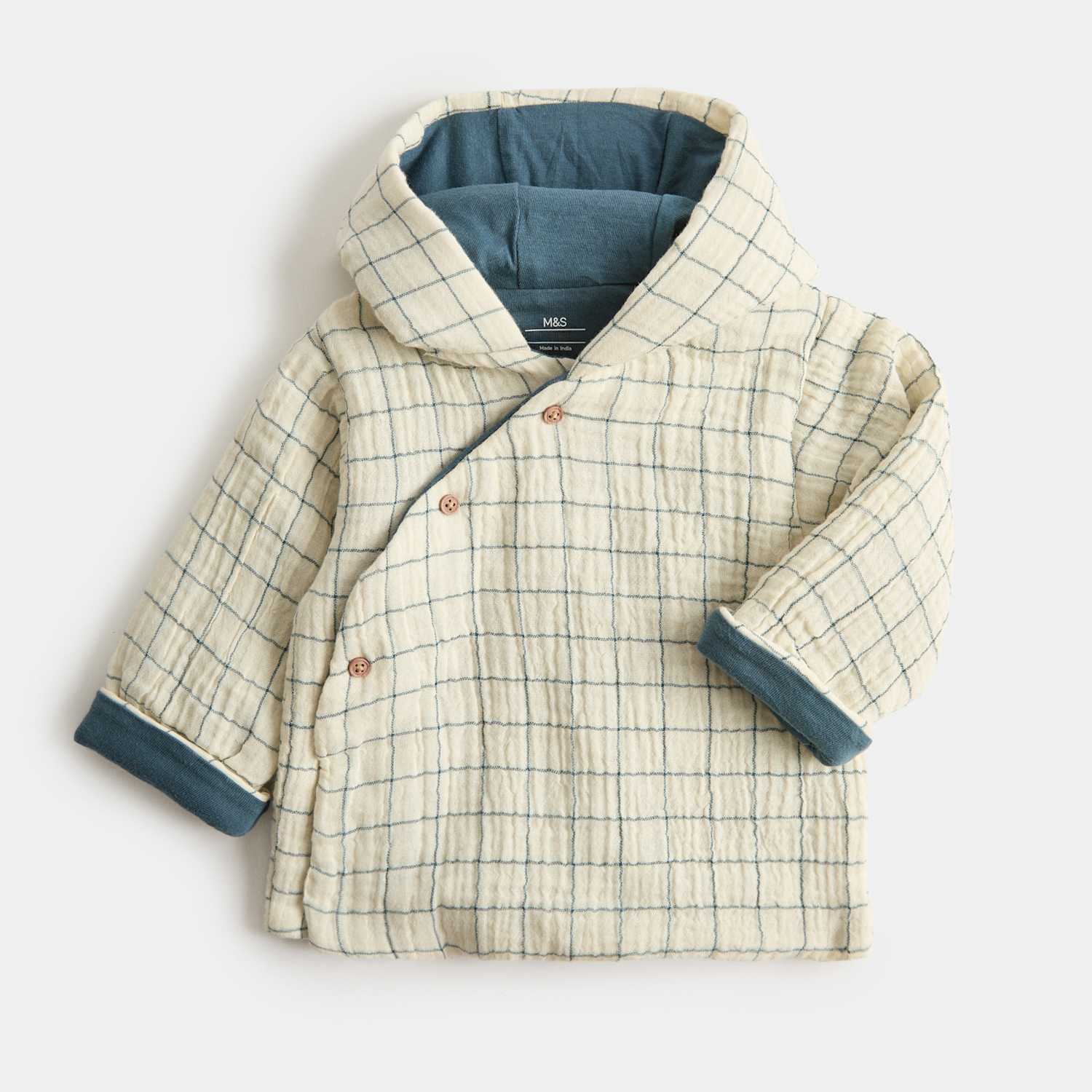 M&S Kids Pure Cotton Check Padded Hooded Jacket (7lbs - 1 Yrs) - Newborn - Light Cream