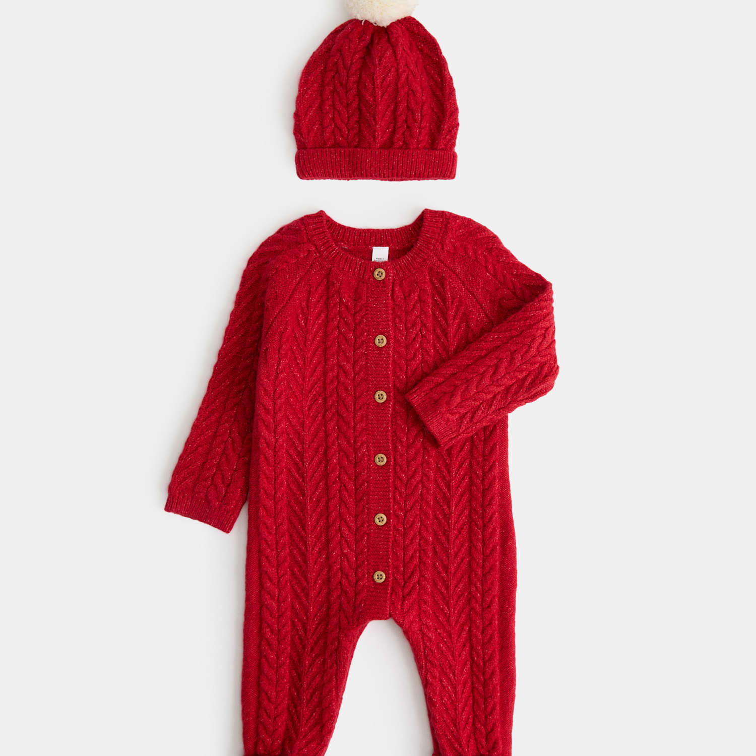 M&S Kids 2 Piece Cable Knit All in One with Hat (7lbs-12 Mths) - Newborn - Red