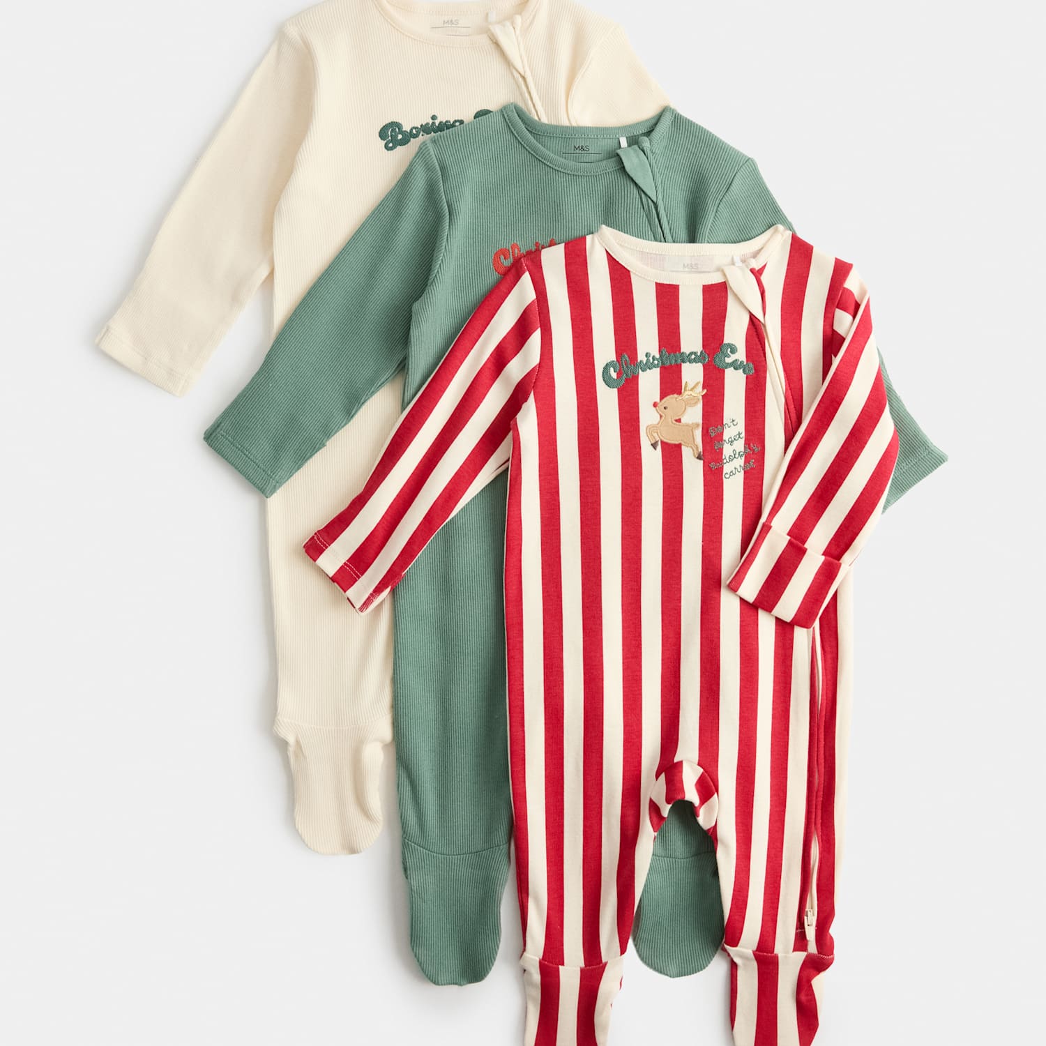 M&S Kids 3 Pack Christmas Sleepsuits (0-12 Mths) - Newborn - Red Mix