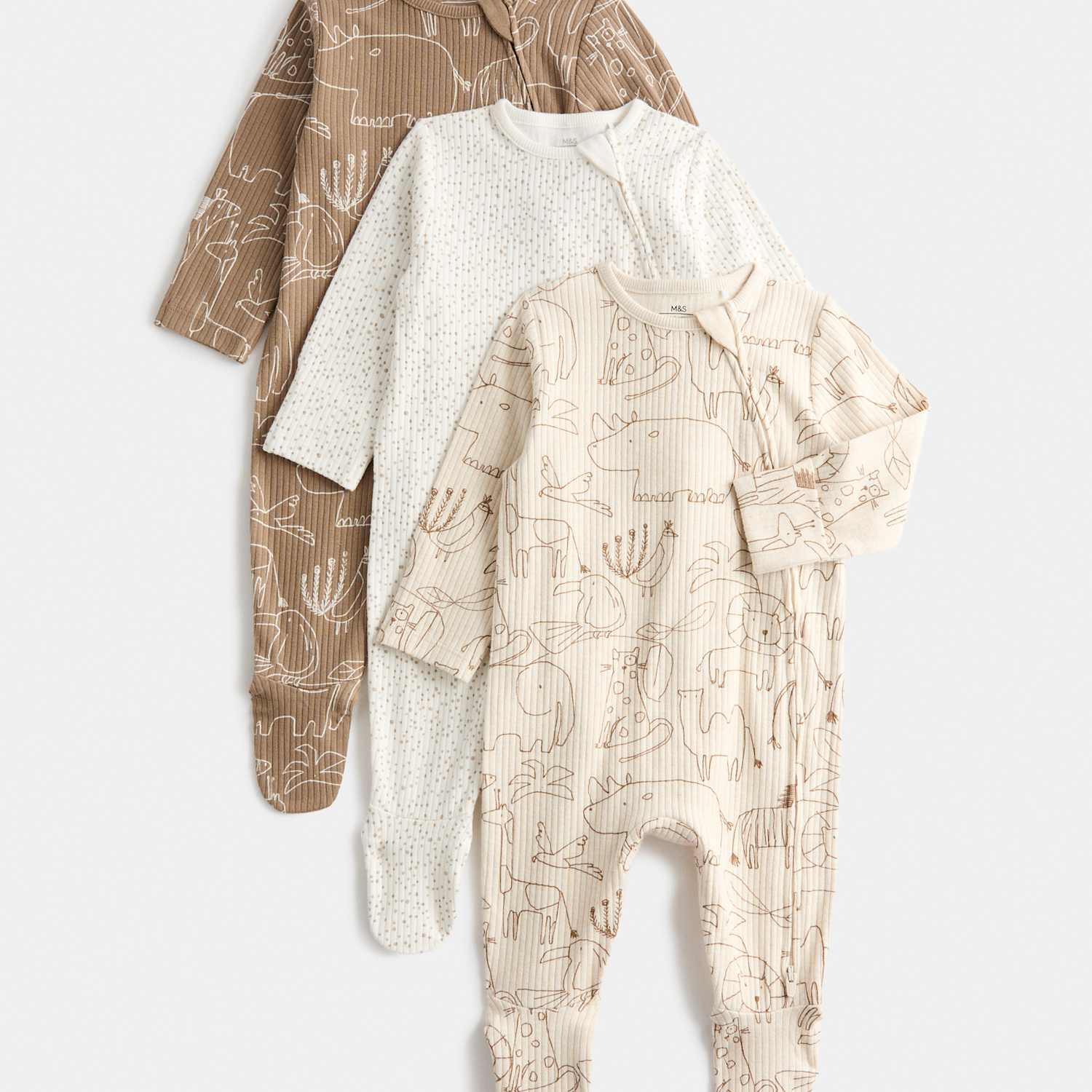 M&S Kids 3 Pack Cotton Rich Safari Sleepsuits (6 ½lbs - 3 Yrs) - 9-12 Months - Neutral