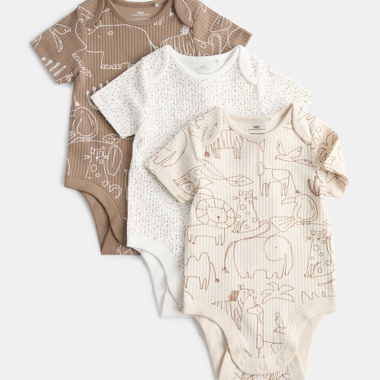 M&S Kids 3 Pack Cotton Rich Safari Bodysuits (7lbs - 3 Yrs) - Tiny - Cream Mix