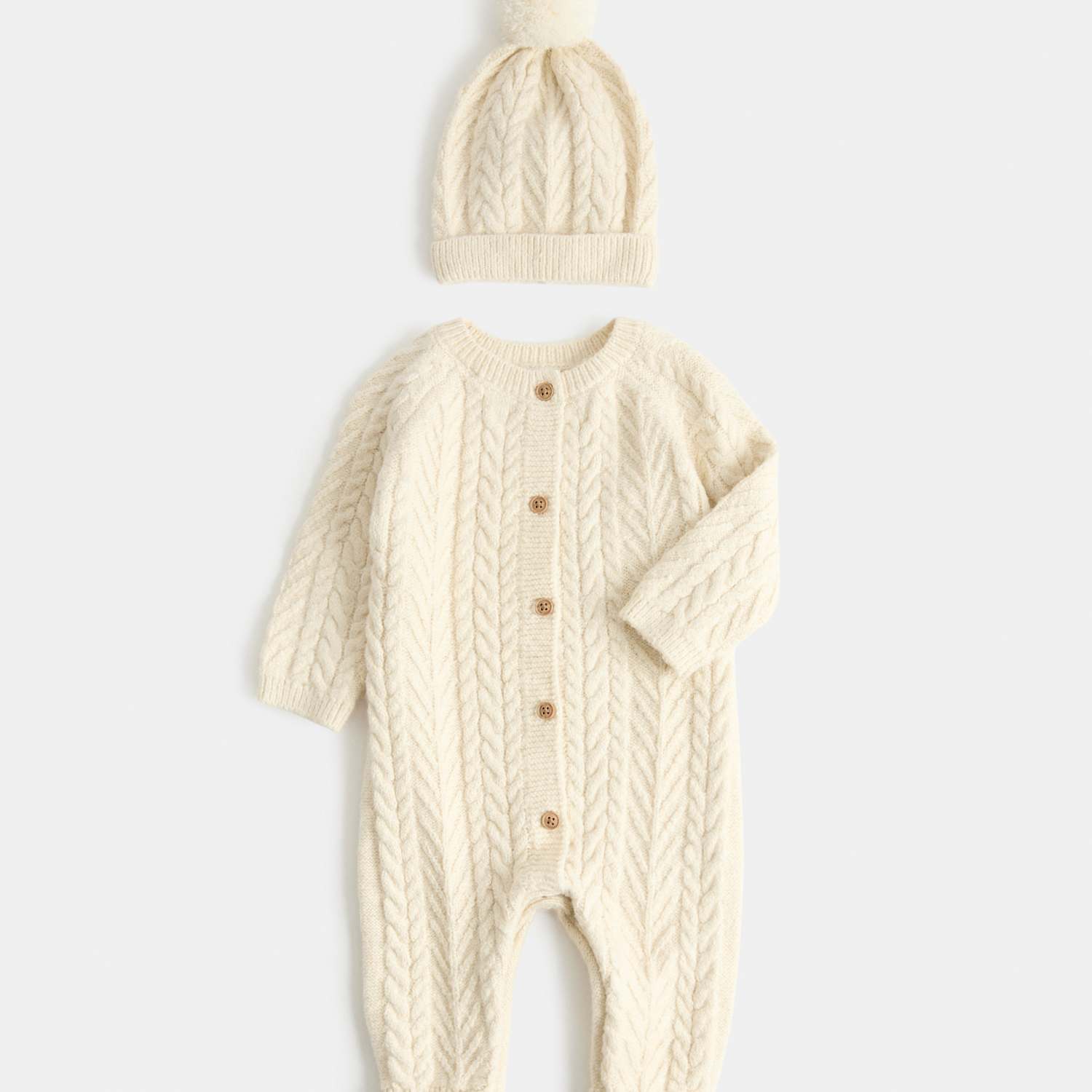 M&S Kids 2 Piece Cable Knit All-In-One with Hat (7lbs - 12 Mths) - 1 Months - Light Cream