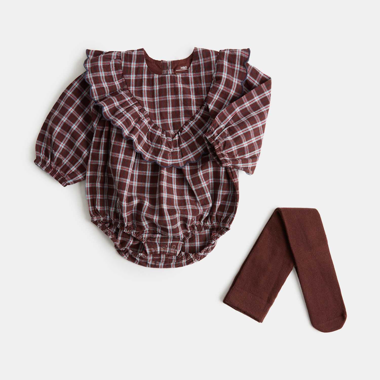 M&S Girls 2 Piece Gingham Romper Outfit with Tights (0-12 Mths) - 1 Months - Red Mix