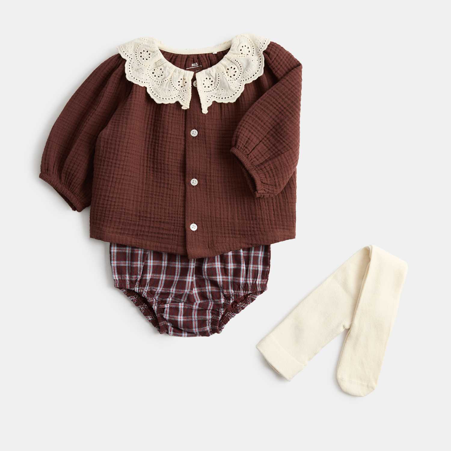 M&S Girls 3 Piece Gingham Paddler with Tights (0-12 Mths) - 1 Months - Red Mix