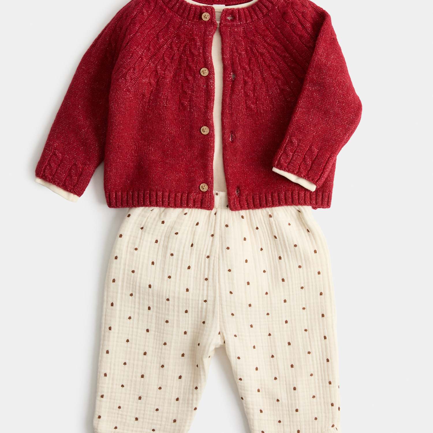 M&S Kids 3 Piece Fleece Lined Outfit with Cardigan (7lbs - 12 Mths) - Newborn - Red Mix