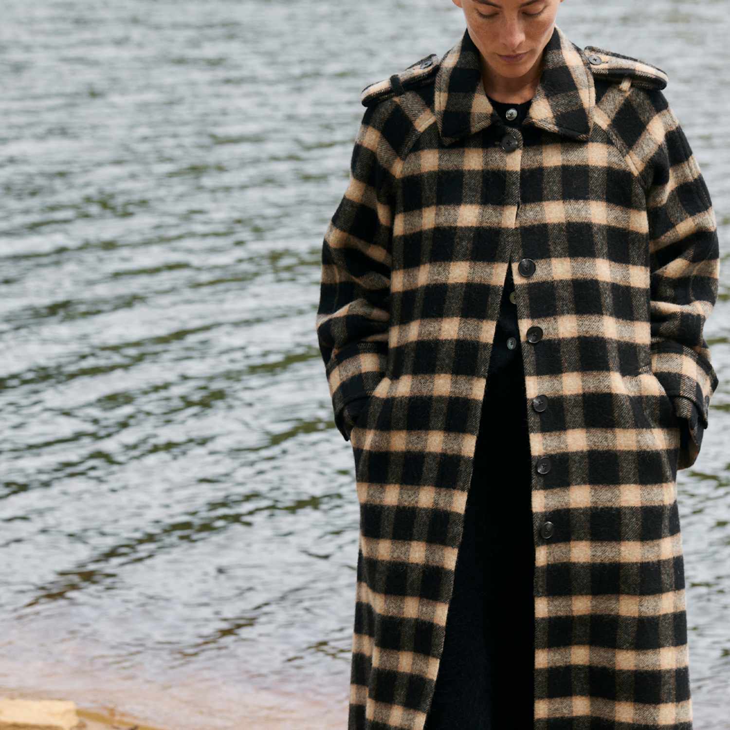 Jaeger Women's Pure Wool Checked Funnel Neck Coat - 14 - Black Mix - By M&S