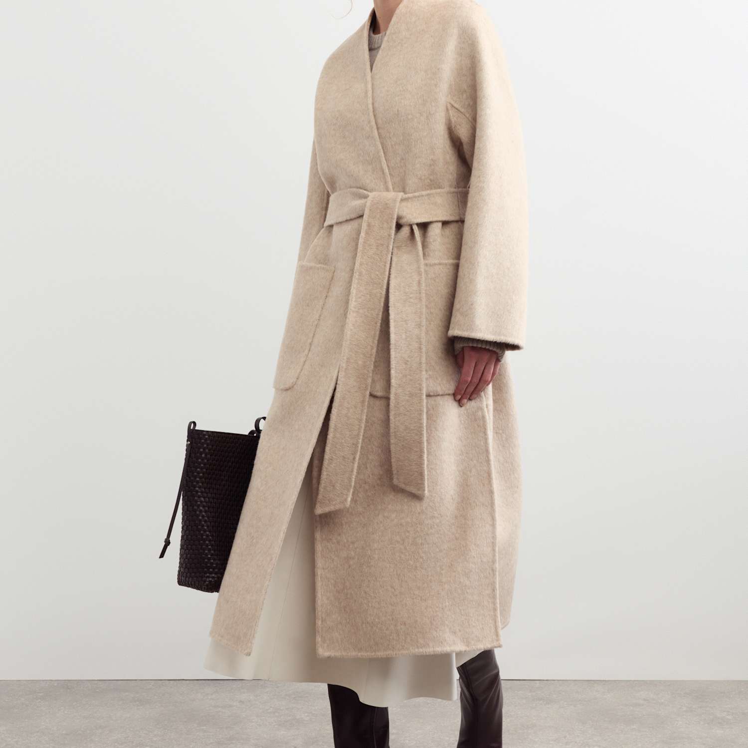 Jaeger Women's Wool With Cashmere Collarless Longline Coat - 6 - Taupe - By M&S