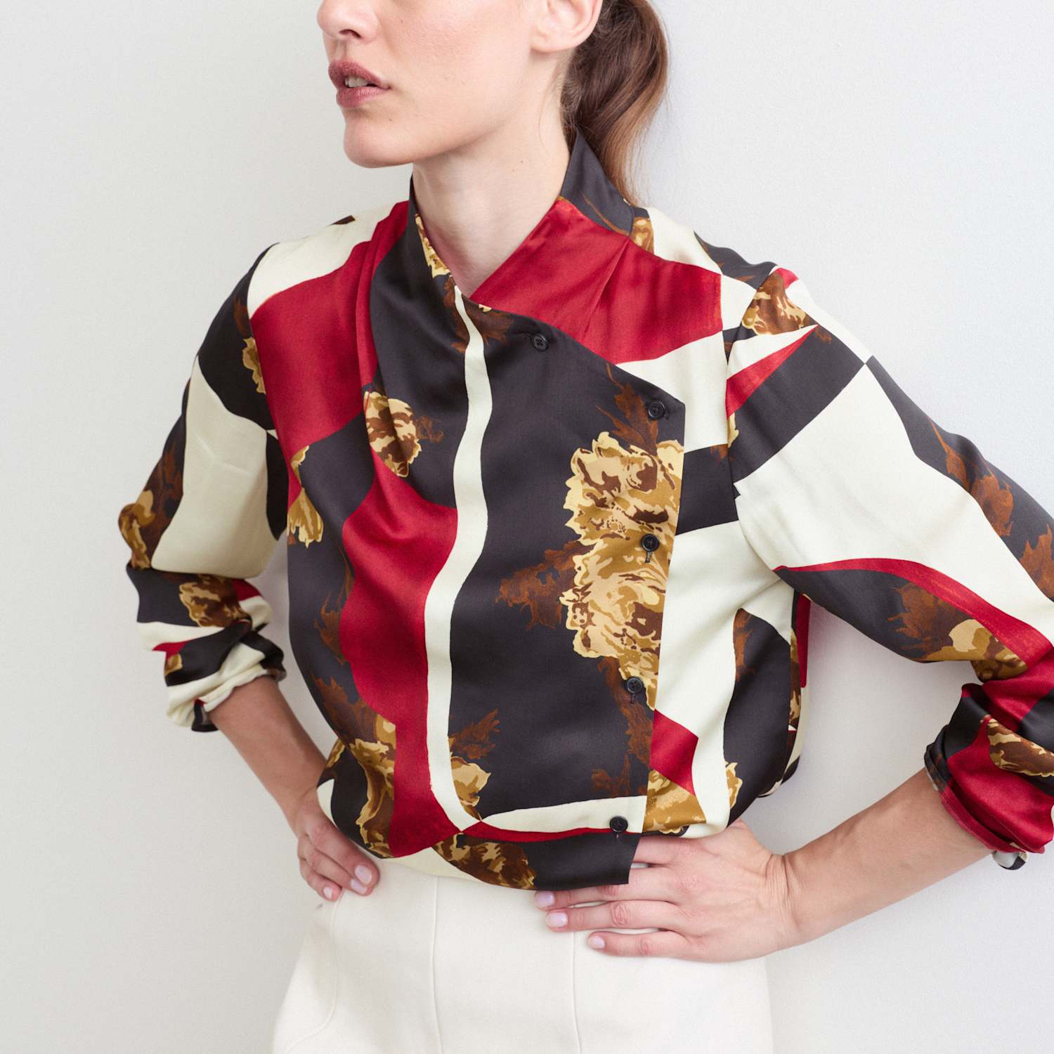 Jaeger Women's Floral High Neck Button Detail Blouse - 18 - Red Mix - By M&S