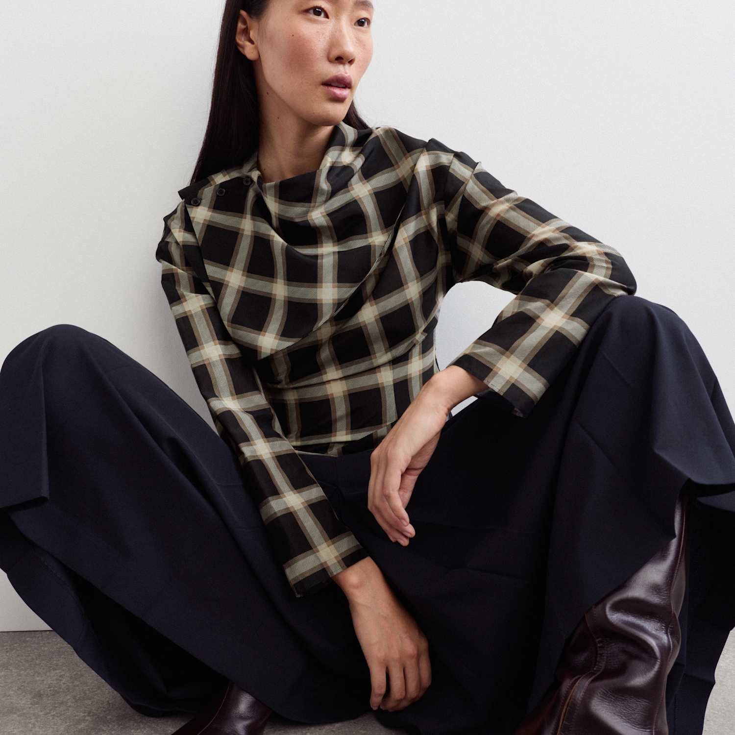 Jaeger Women's Cotton Rich Checked Cowl Neck Blouse with Silk - 8 - Black Mix - By M&S