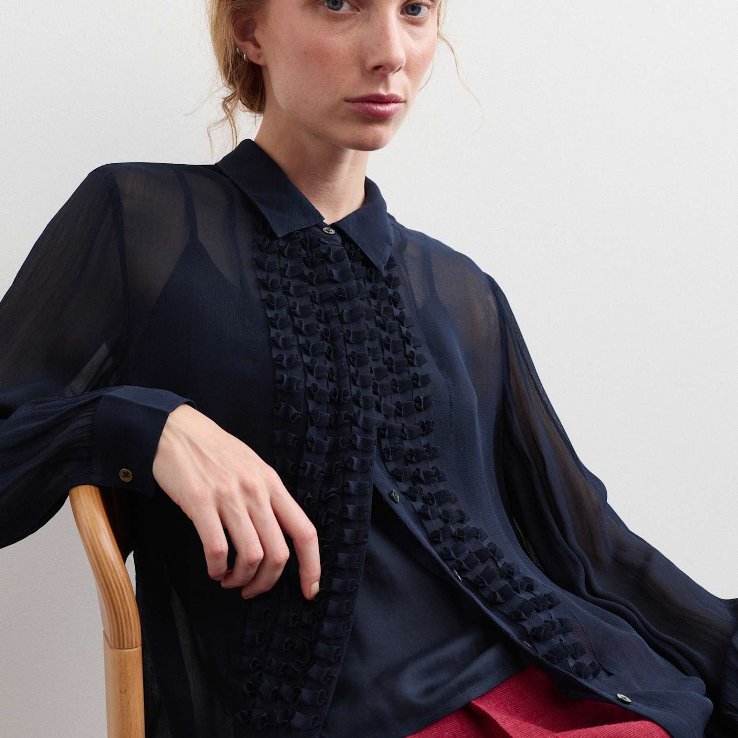 Jaeger Women's Sheer Collared Frill Detail Blouse - 8 - Navy - By M&S