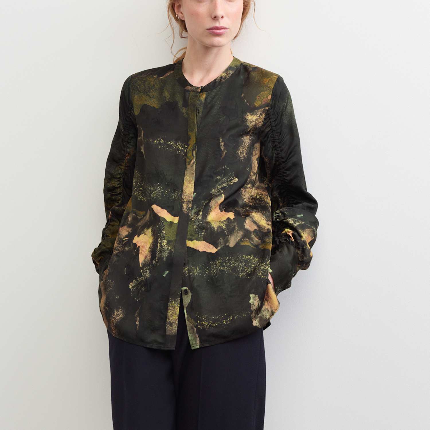 Jaeger Women's Printed Jacquard Collarless Top - 8 - Green Mix - By M&S