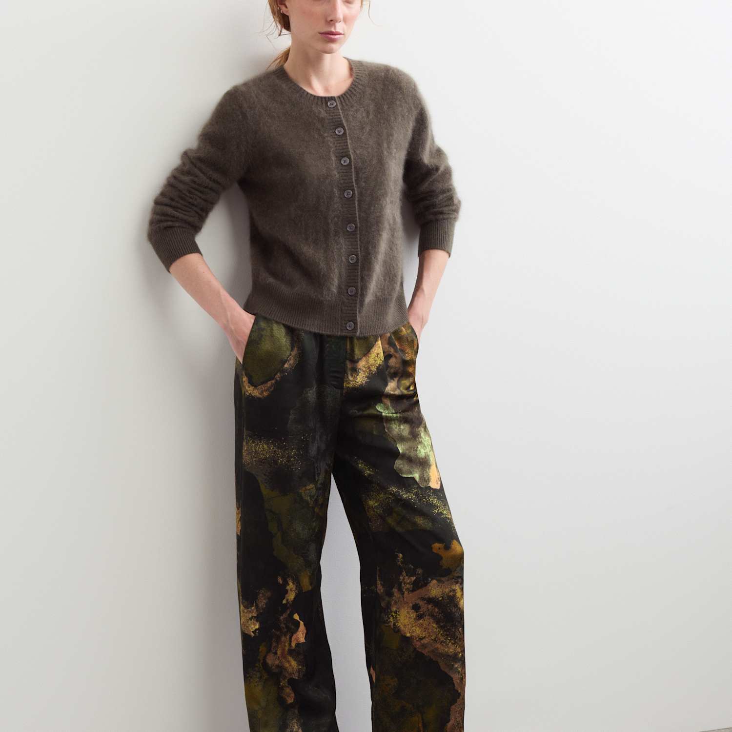 Jaeger Women's Jaquard Elasticated Waist Wide Leg Trousers - 6 - Green Mix - By M&S