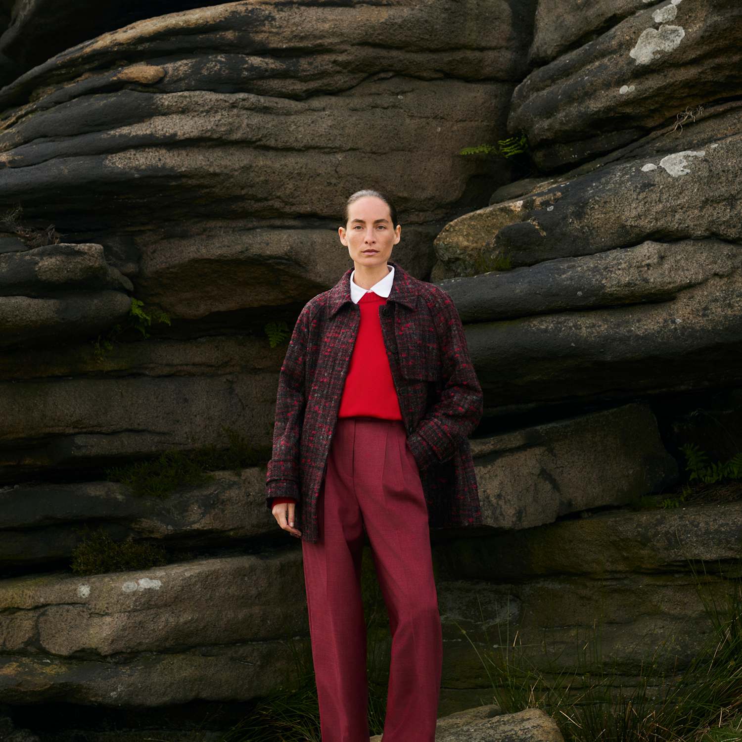 Jaeger Women's Italian Wool Rich Wide Leg Trousers - 6 - Red Mix - By M&S