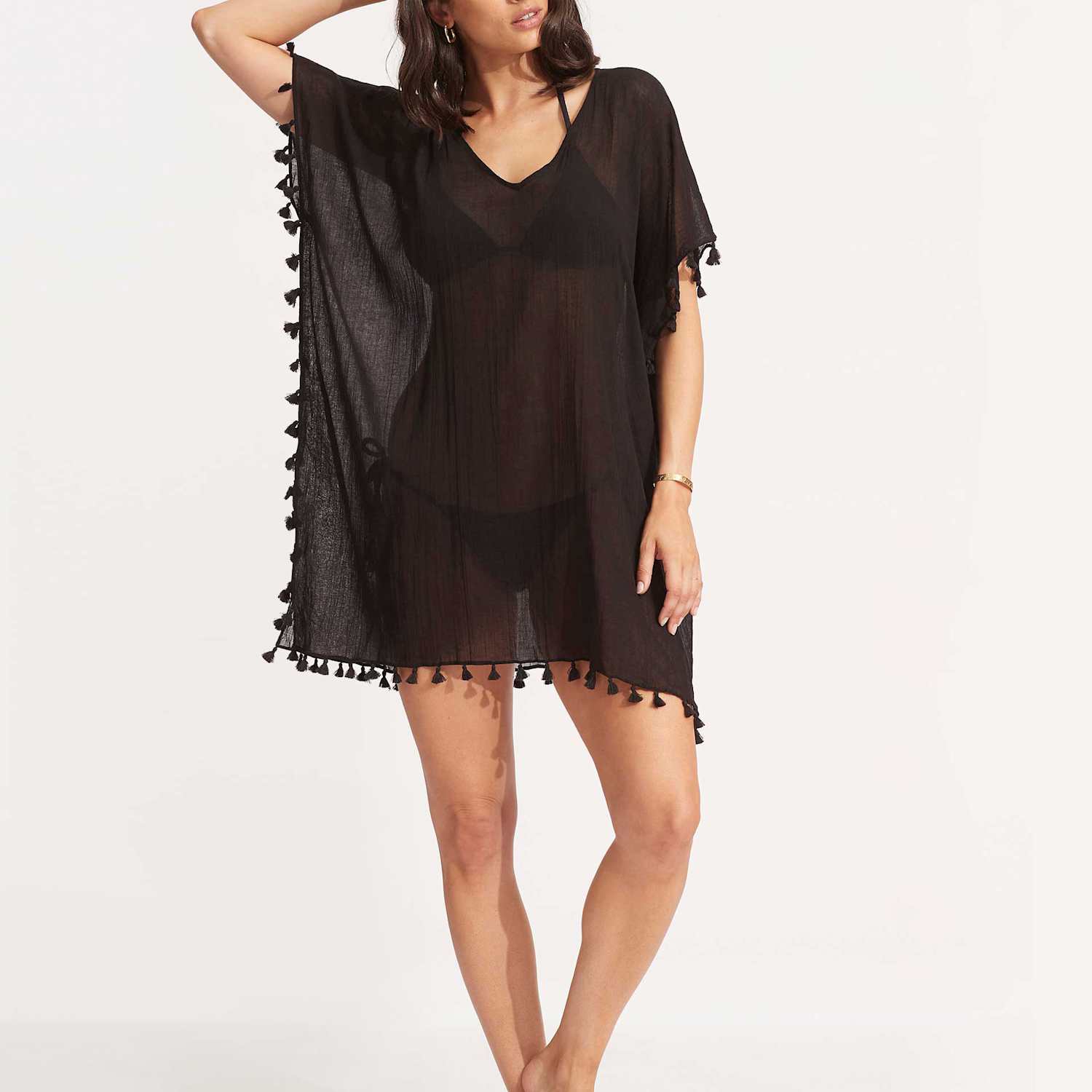 Seafolly Women's Amnesia Pure Cotton Tassel Beach Cover Up Kaftan - Black - Available at M&S
