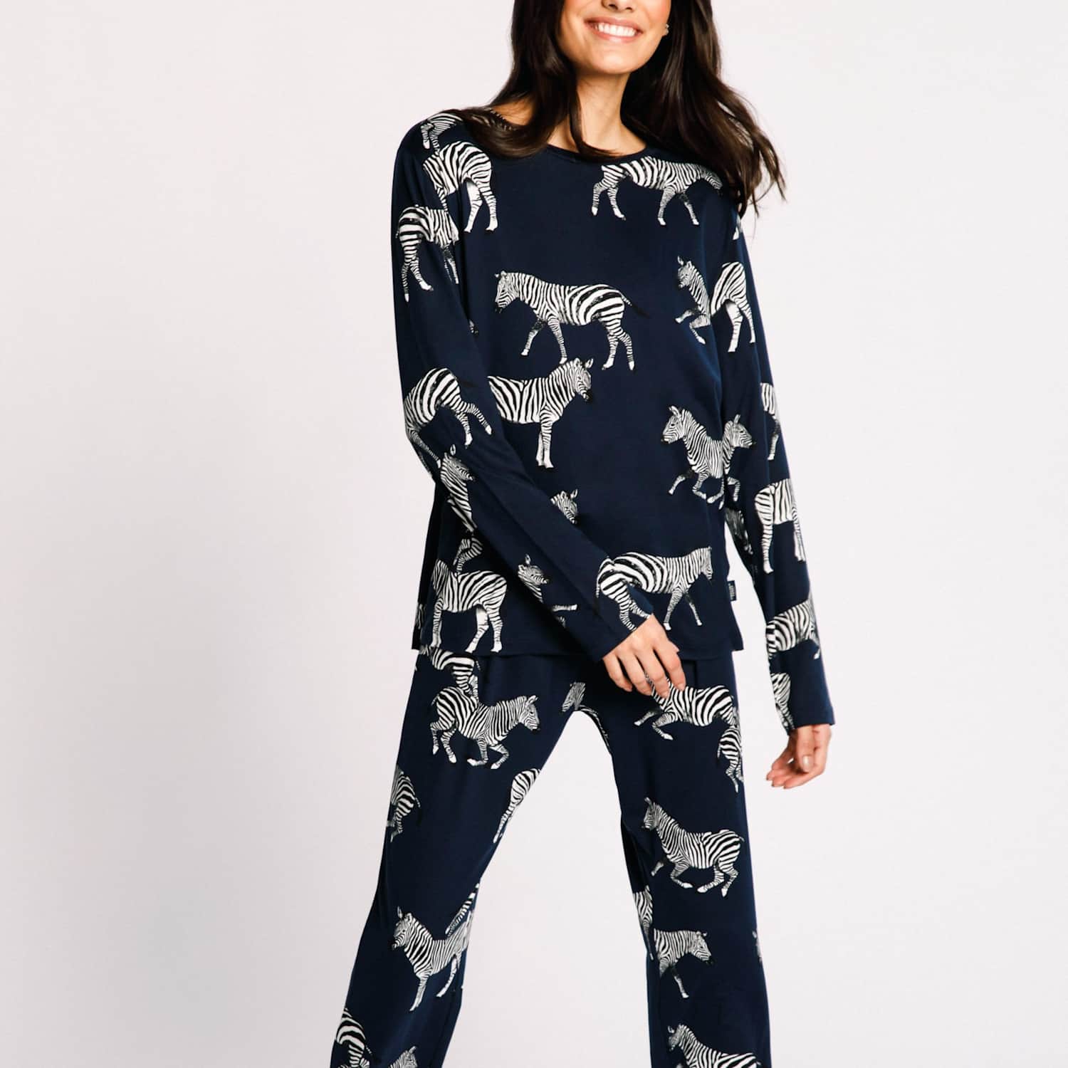Chelsea Peers Women's Zebra Print Crew Neck Pyjama Set - 14 - Navy Mix - Available at M&S