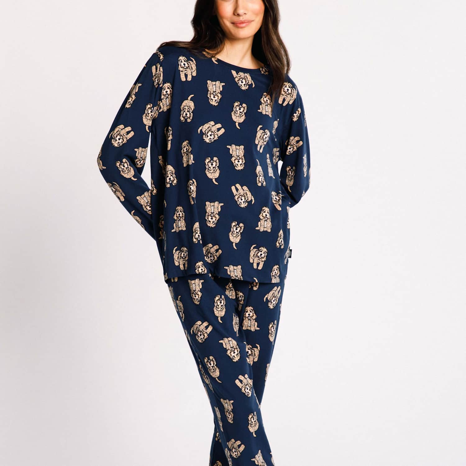 Chelsea Peers Women's Cockapoo Snooze Print Crew Neck Long Pyjama Se - 24 - Navy Mix - Available at M&S