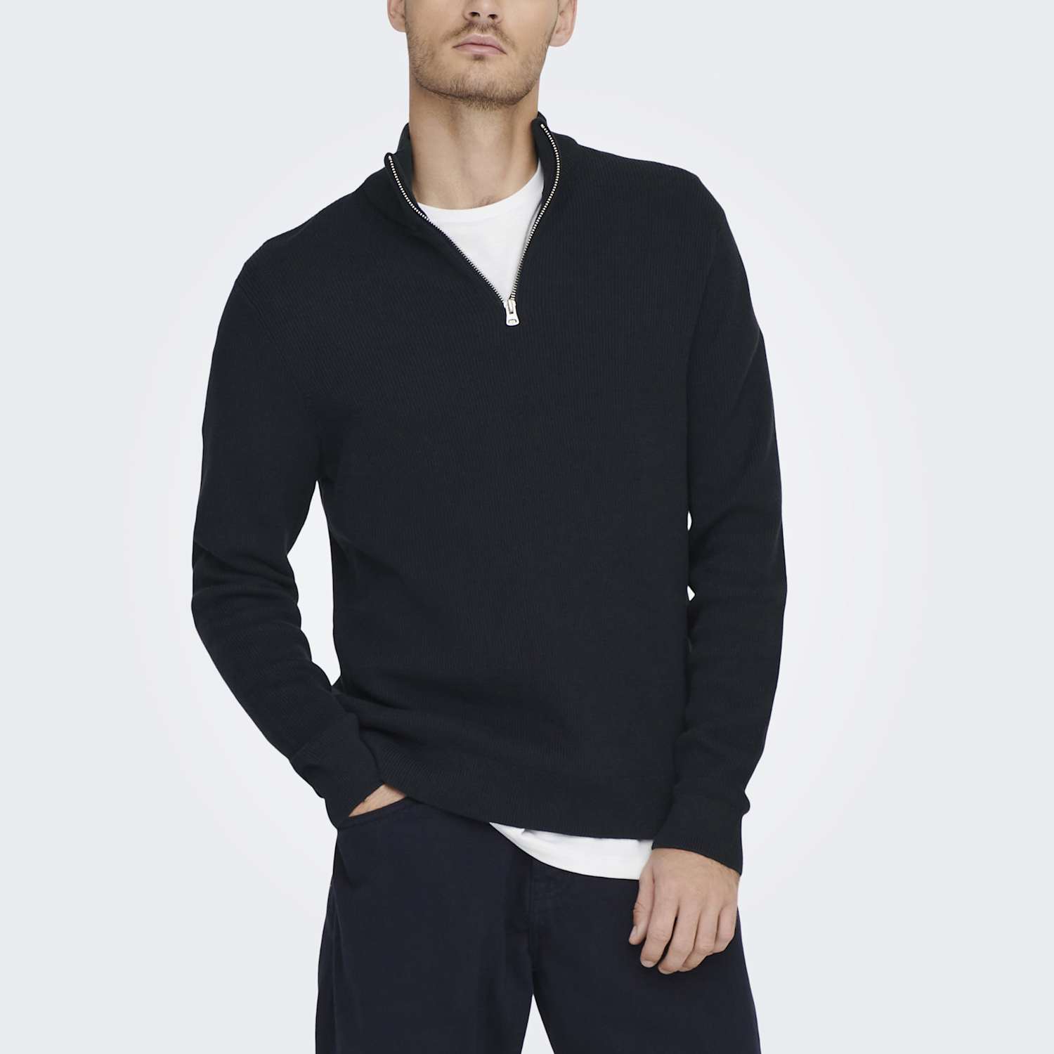 Only & Sons Men's Cotton Rich Half Zip Jumper - M - Navy Mix - Available at M&S