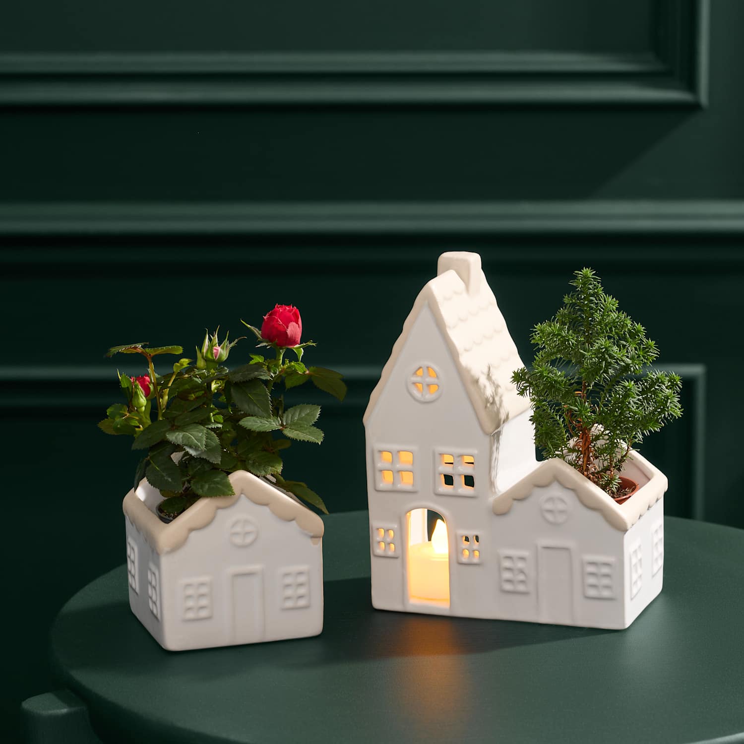 M&S Flower Market Light Up Duo Ceramic Houses with Miniature Red Rose & Picea
