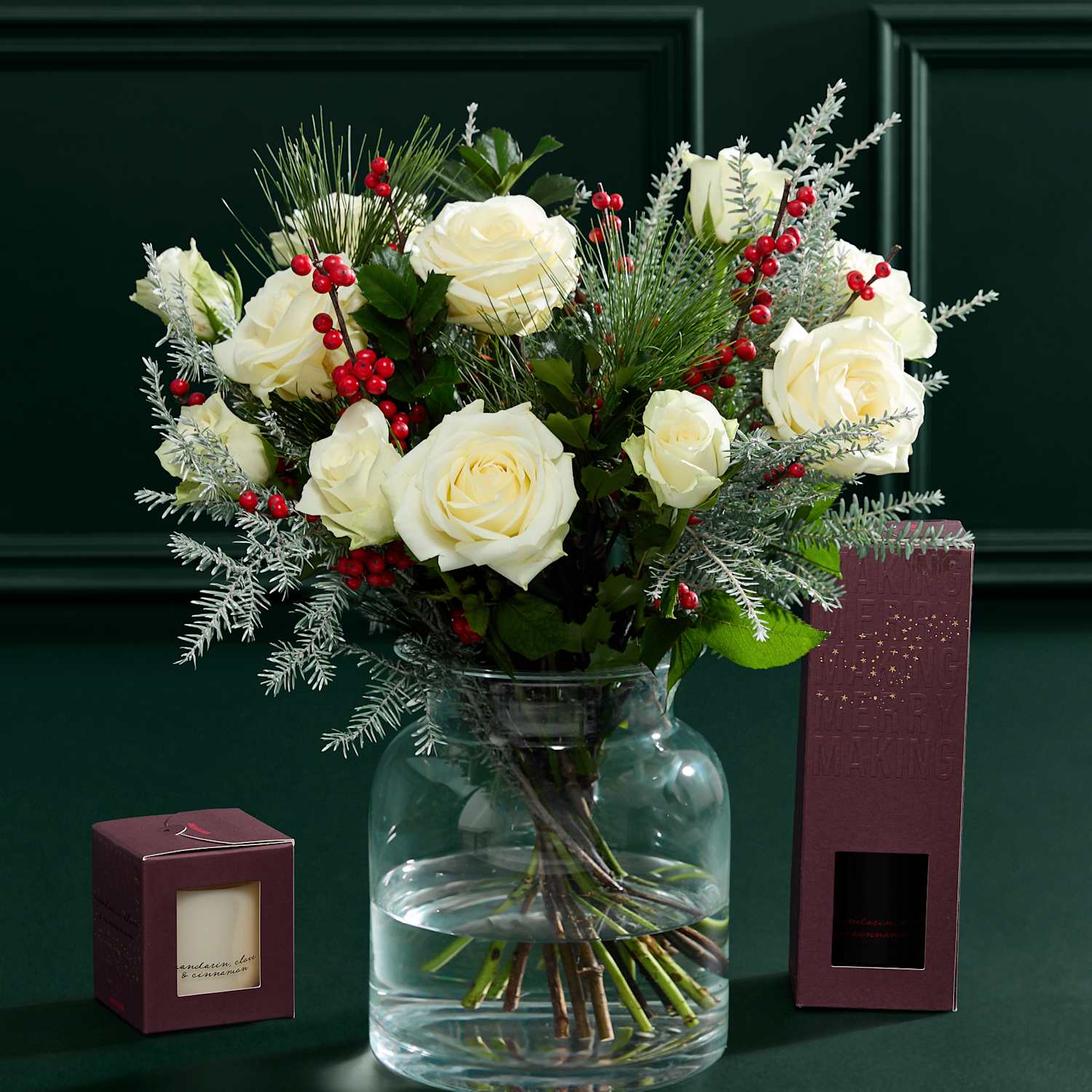M&S Flower Market White Rose, Blue Prince, Ilex Bouquet with Candle & Diffuser