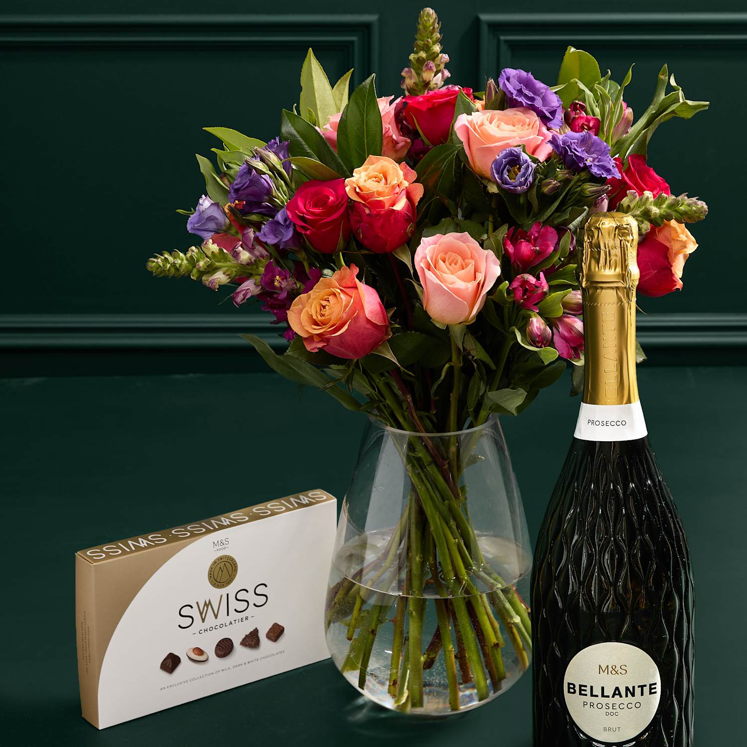 M&S Flower Market Roses, Lisianthus & Antirrhinum Bouquet with Chocolates & Prosecco
