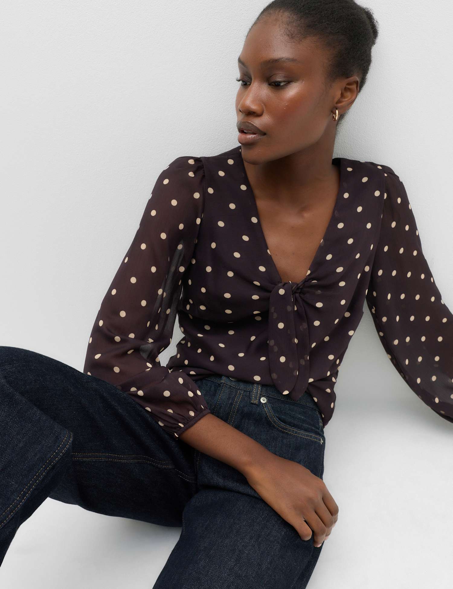 Polka Dot V-Neck Scarf Detail Top by M&S