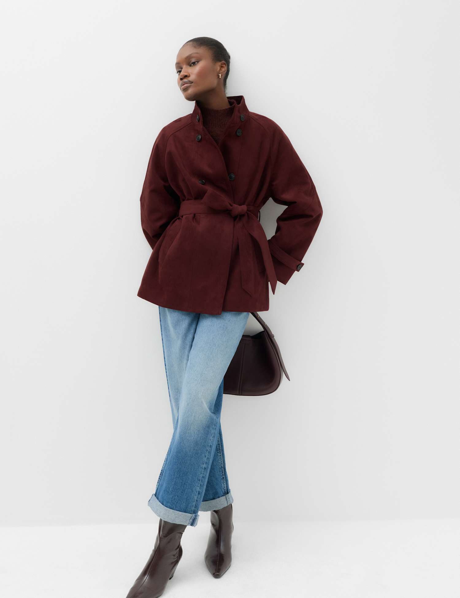 M&S Suedette Funnel Neck Short Trench Coat – 10 – Burgundy, Burgundy